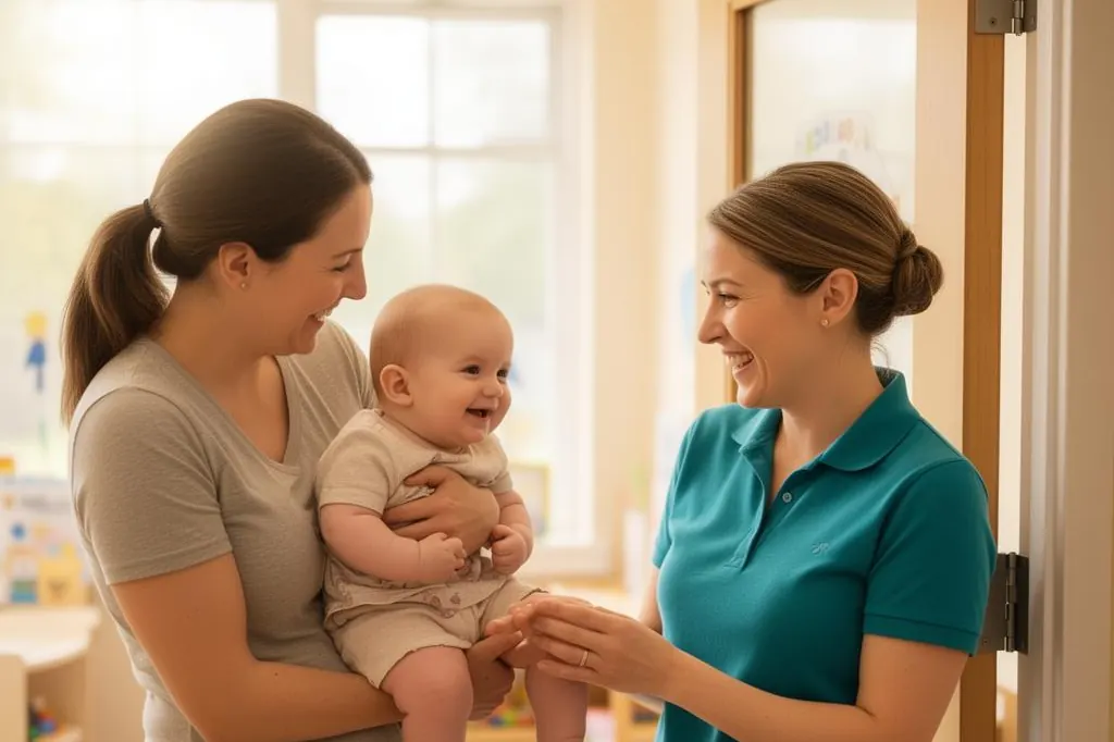 A mother holding her smiling baby greets a teacher at the classroom door during morning drop-off