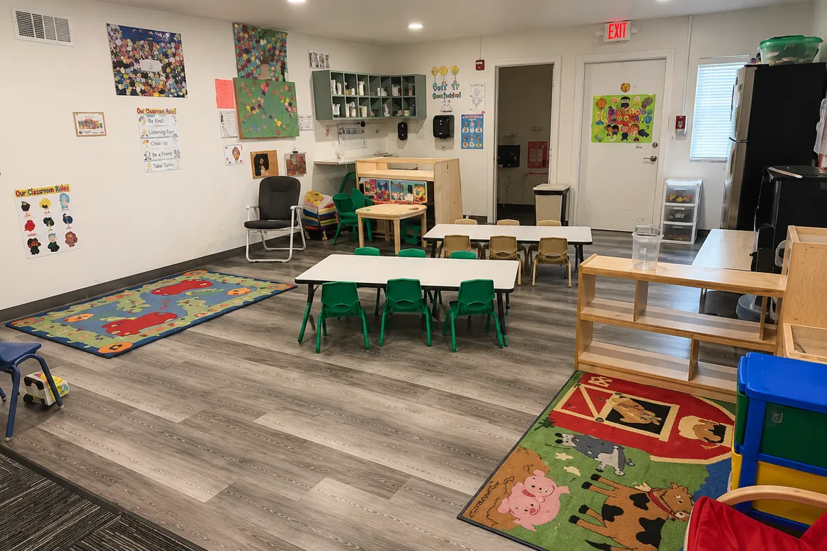Bright preschool classroom with child-size tables, green chairs and colorful rugs at Nanny's Daycare in Casa Grande, AZ