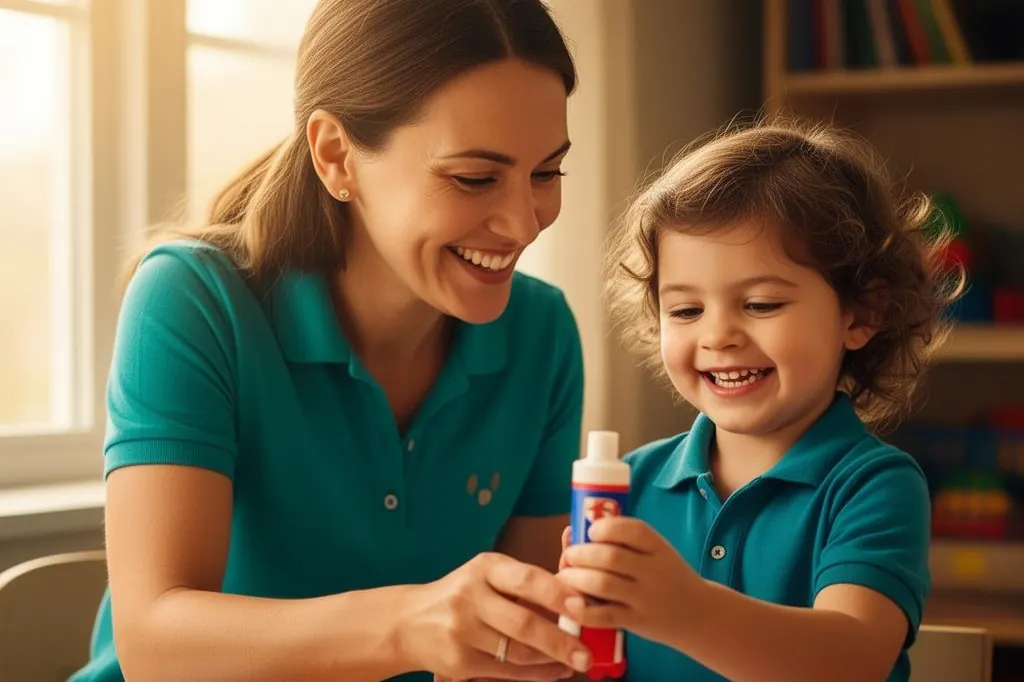 Smiling teacher and preschooler working on an art project together with glue sticks and markers